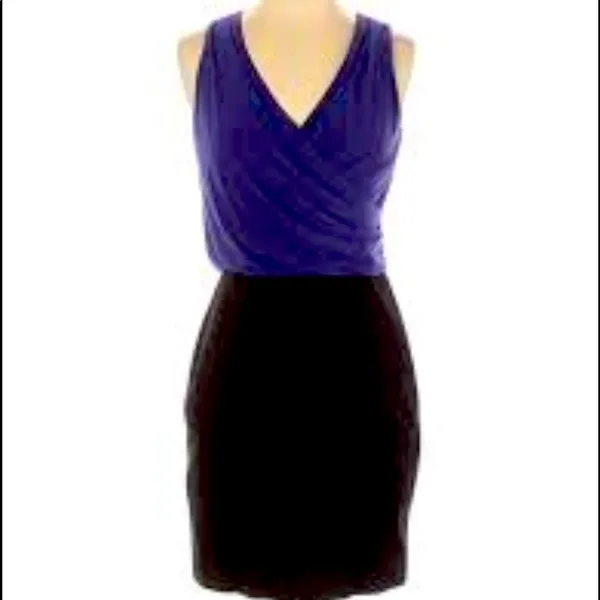 Aidan Mattox Blue Black Bodycon Draped Top Dress Womens S Cocktail Mini V Neck - Image 2