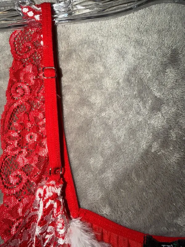 Kle Red Lace and Feather Trim Babydoll Lingerie Dress - Image 9