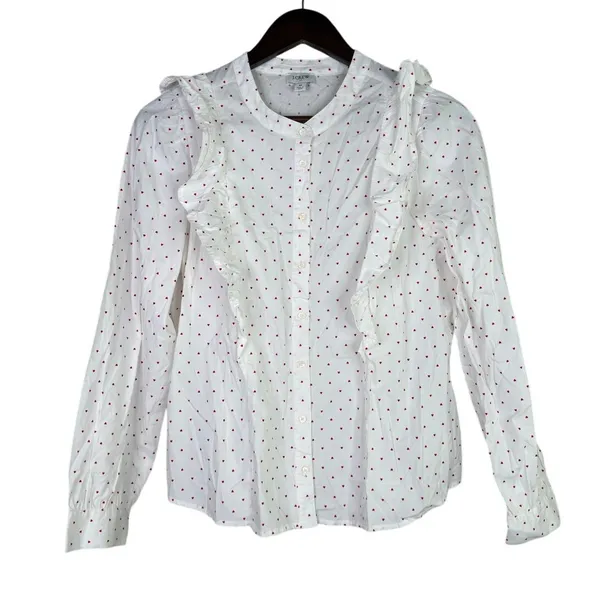 J.Crew Cotton Poplin Ruffle Heart Print Button Down LongSleeve Shirt M White Red - Image 11