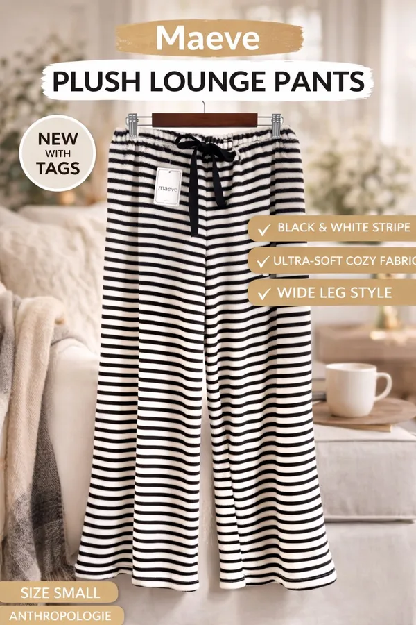 NWT MAEVE Plush Lounge Pants S Black White Stripe Wide Leg Cozy Soft Pajama - Image 7