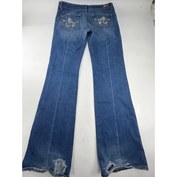 Paige Premium Denim Laurel Canyon Flare Jeans Blue Embroidered Rose Low Rise 31 - Image 2