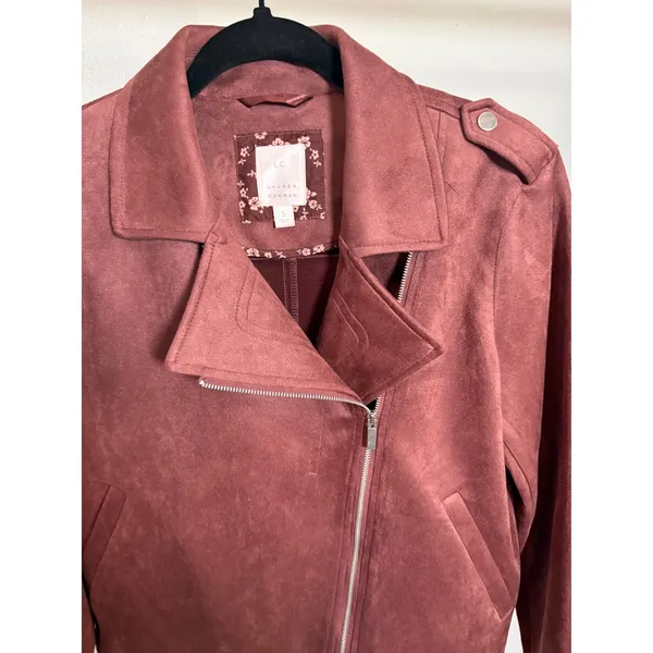 LC Lauren Conrad Womens Faux Suede Moto Jacket Burgundy‎ Asymmetrical Zip Small - Image 9