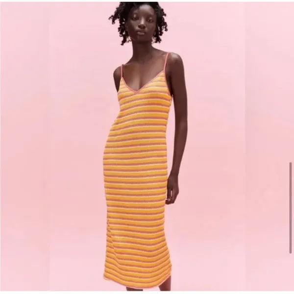 Zara Striped Crochet Knit Midi Dress Medium - Image 2