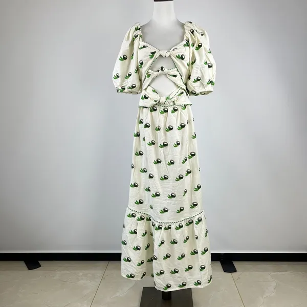 NWOT Farm Rio Linen Blend Cutout Tie Front Embroidered Tiered Midi Dress Size XS - Image 2