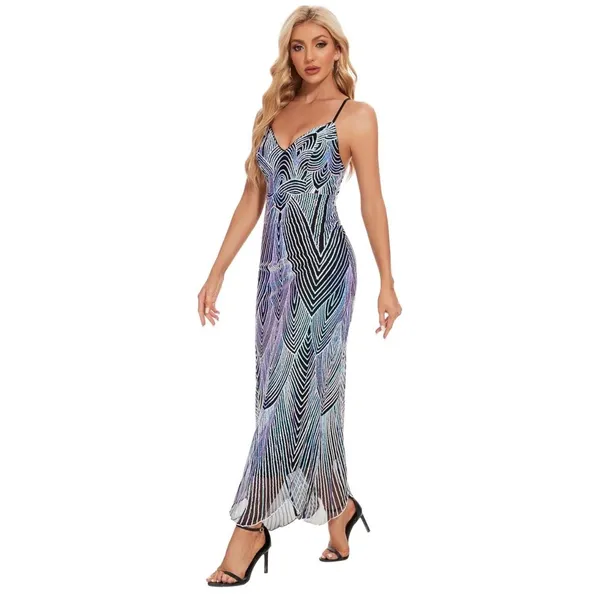 NWT‎ AlexQueen Blue Purple Sequin V Neck Maxi Prom Dress Backless Large - Image 3