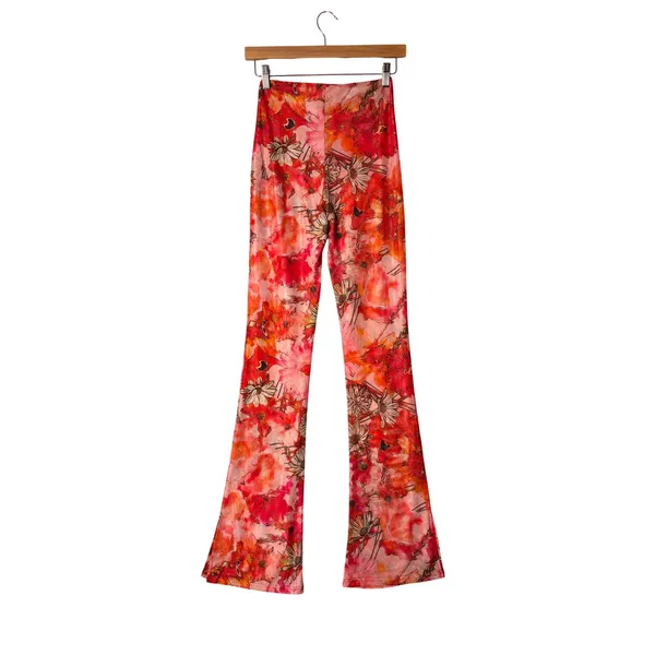 Tiger Mist Floral Mesh Flare Pants XS Red Orange Bell Bottom Y2K Retro Costume - Image 2