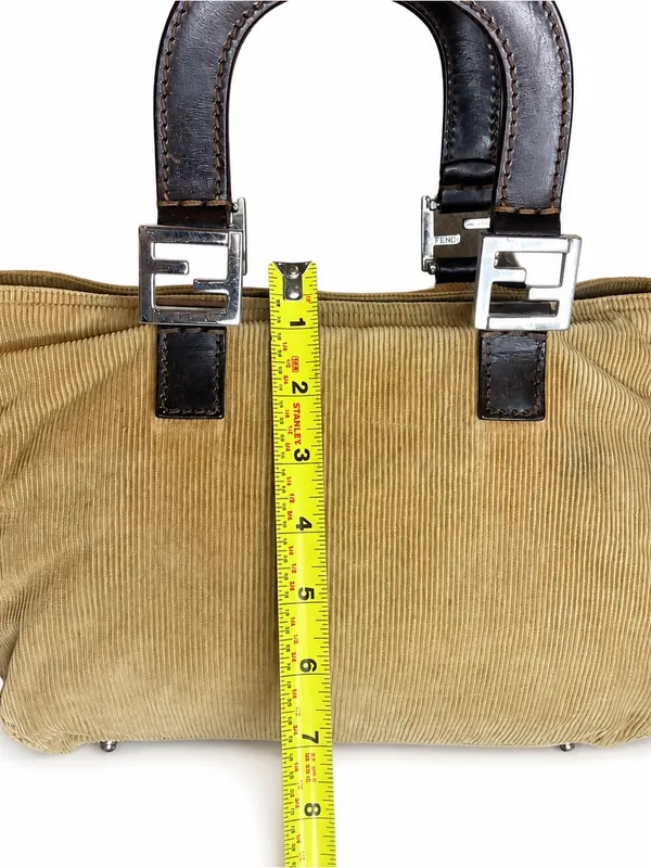 FEND Corduroy Mini Bag with Dark Brown Leather Wrapped Handles & Silver Hardware - Image 4