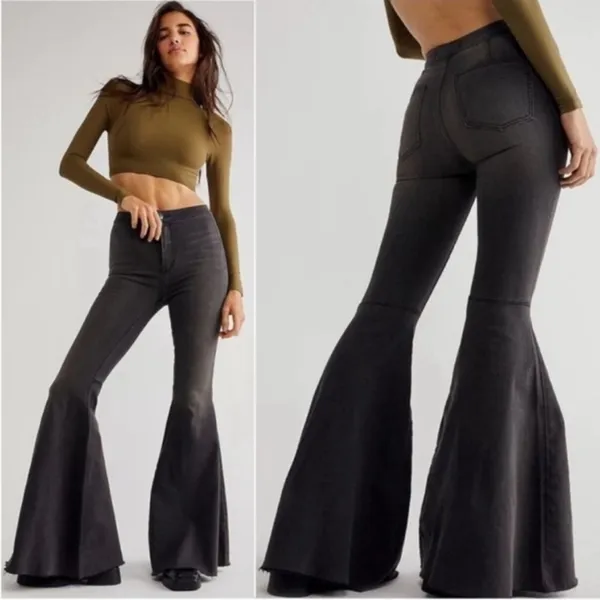 FREE PEOPLE Just Float On Ruffle Flare Jeans Wide Leg Bell Bottoms‎ Gray Size 26 - Image 2