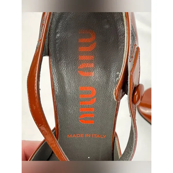 Vintage Miu Miu Y2K Pumps Patent Leather Cutout T-Strap Block Heel EU 36 Cognac - Image 6