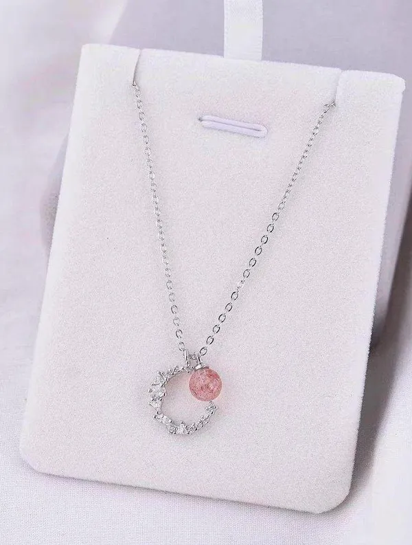 925 crescent strawberry crystal necklace women's high-end light luxury 2023 new style peach blossom clavicle chain ins lettering - Image 3