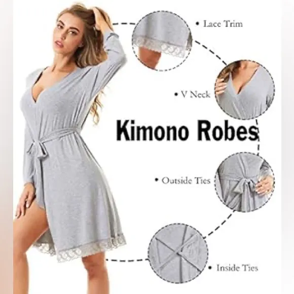 Kimono Robes Long Sleeve Sleepwear Lightweight Loungewear with Lace Trim - Image 2