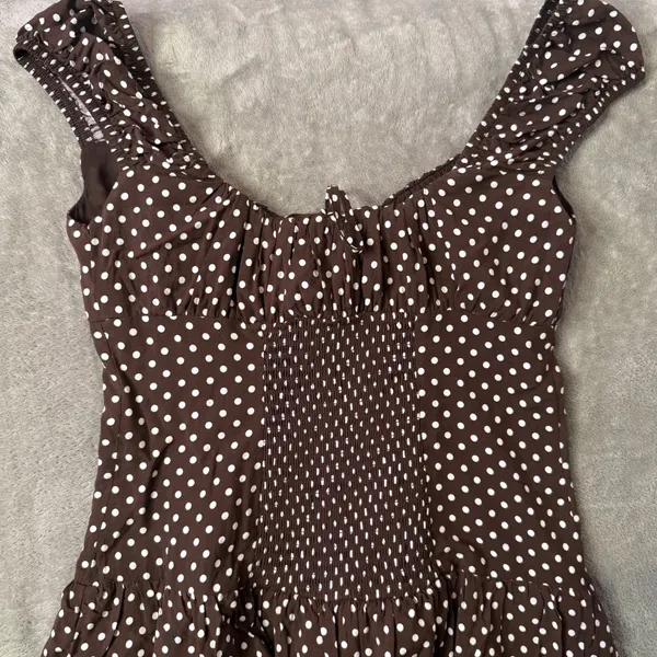 Wild Fable Polka Dot Mini Dress XXS Milkmaid Brown Tiered Ruffle Smocked Lace - Image 3