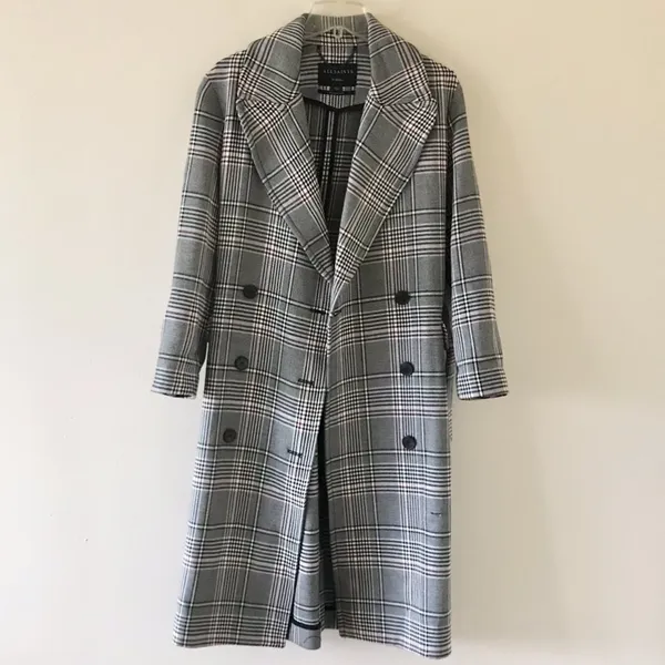 All Saints Tyla Check Plaid Wool Blend Belted Long Trench Coat - Image 8