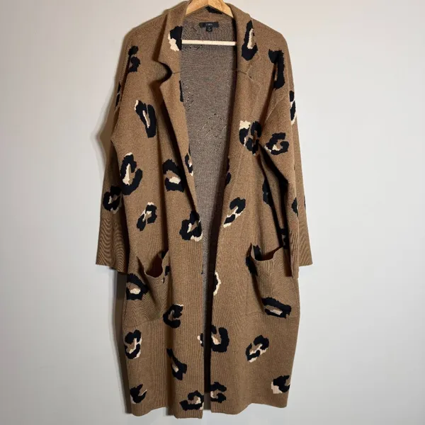 J. Crew Ella Leopard Open-Front Long Sweater-Blazer Women's Medium Brown Wool - Image 6