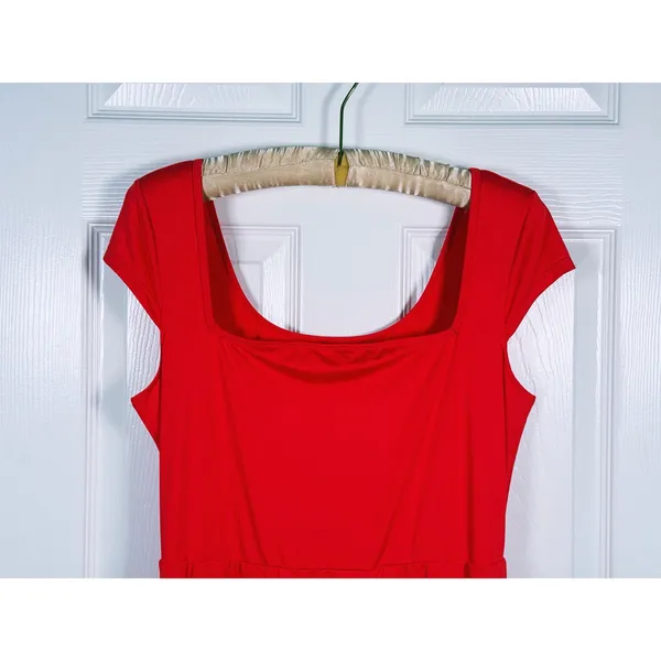Halara Scoop Neck Midi Dress Size Large Red Cap Sleeve Flowy Casual Pockets - Image 5