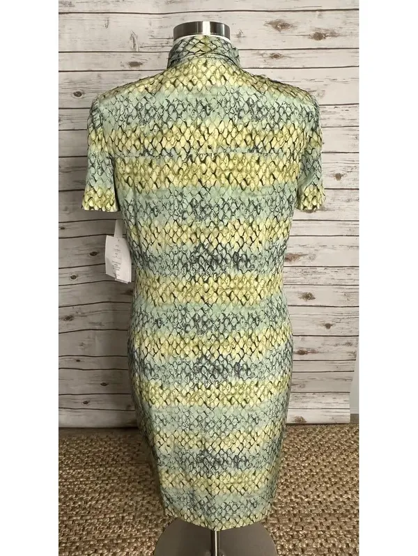 Vintage 100% silk reptile print midi dress Size 16 yellow green button up safari - Image 7