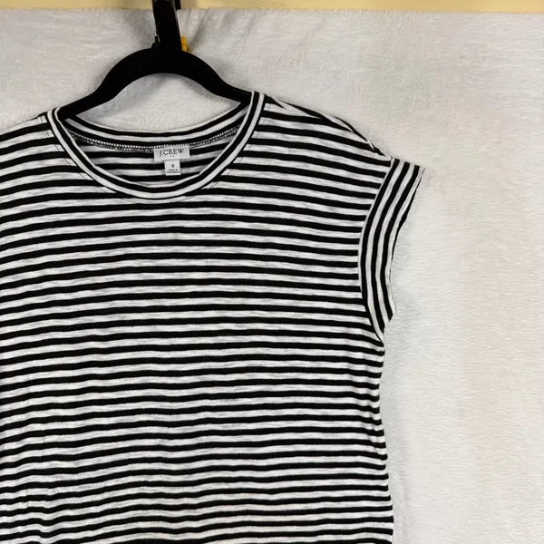 J.Crew S Black White Striped T-Shirt Dress Tie Waist‎ Short Sleeve 100% Cotton - Image 4