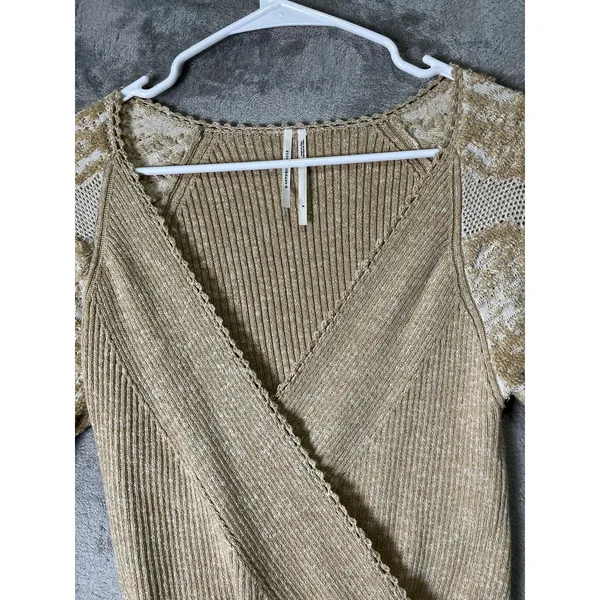 Anthropologie Gold Metallic Knit Surplice Wrap Top Sheer Lace Sleeve Balletcore - Image 2