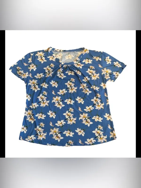 Liz & Lilli Women’s Blue Floral Print Round Neck Short Sleeve Shirt Size XL - Image 4