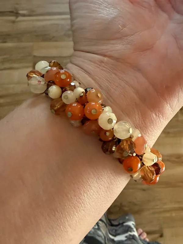 Boho Cluster Bead Wrap Stretch Bracelet, Earth Tones -Orange & Cream - Image 2