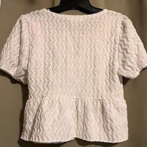 White‎ Texture Peplum Tie Front Top Blouse Short Sleeve Casual - Image 2
