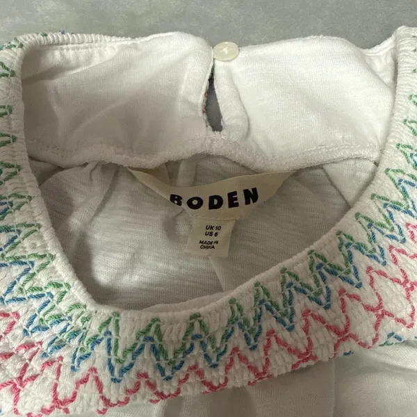 Boden Smock Neck Puff Sleeve TopWhite Blue Green Pink Blue Smocked Neck Sz 6 - Image 3