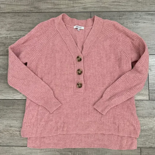Madewell Button-Front‎ Merino Wool Blend Sweater XXS Pink Ribbed Knit Top - Image 2