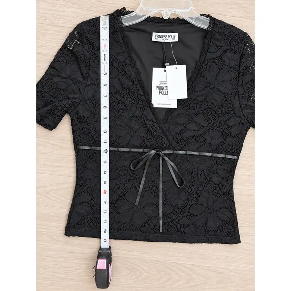 Princess Polly Black Floral Lace Wrap Top Size 10 NWT Ribbon Tie Long Sleeve - Image 11