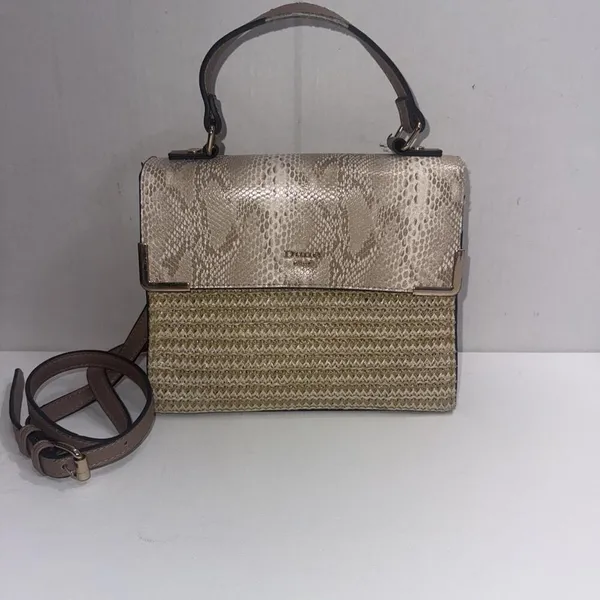 Dune London Embossed Snake‎ Print Designer Lux Crossbody Gold Straw Wicker Purse - Image 3