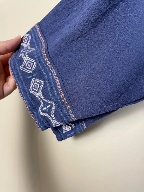 Knox Rose Women’s Boho Embroidered Cross Stitch Blue Kimono Cardigan - Image 5