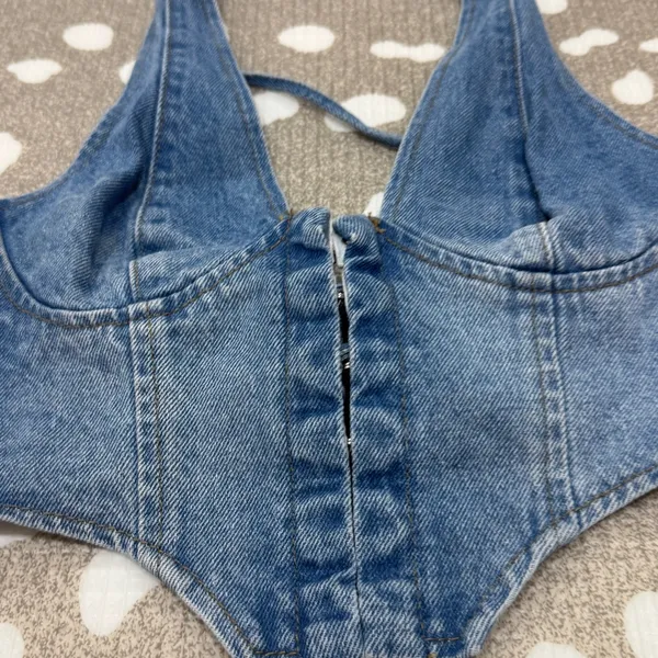 Edikted denim corset top cropped Katrina Lace Up halter scoop vneck - Image 3