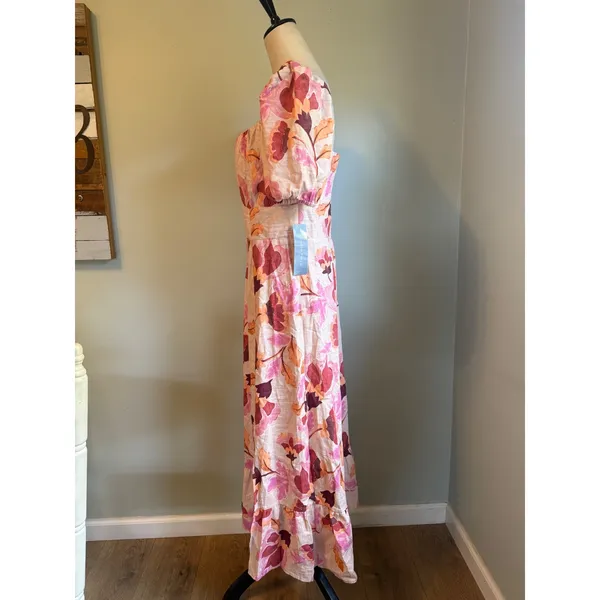 London Times Floral Linen Puff Midi Dress Pink 10 Boho resort whimsigoth cottage dainty roman - Image 4