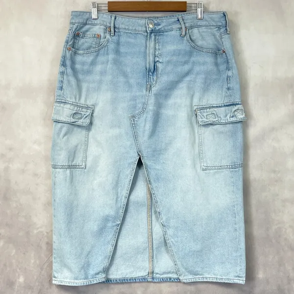 American Eagle Cargo Denim Skirt‎ Womens 16 Light Wash Stretch Front Slit Y2K - Image 15