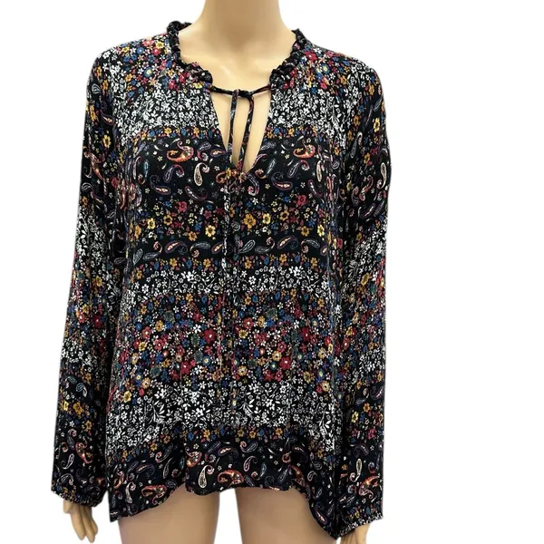 Everleigh Floral Paisley Peasant Blouse Long Sleeve Black Multicolor Womens XL - Image 2