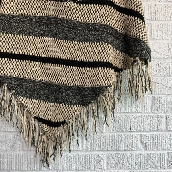 Western Boho Southwestern Fringe Poncho Sweater One Size Tan Gray Aztec Festival - Image 4