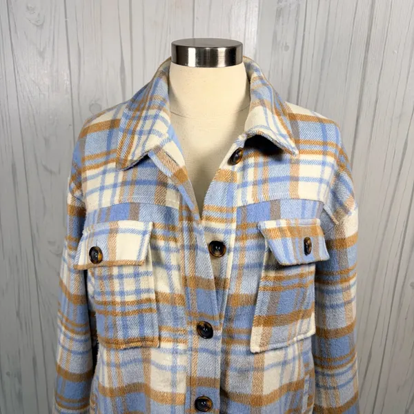 LELIS‎ Women's Light Blue Plaid Oversized Shacket, Small - Image 2