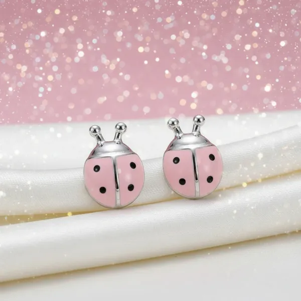 Pink and Silver Ladybug Earrings - Image 3