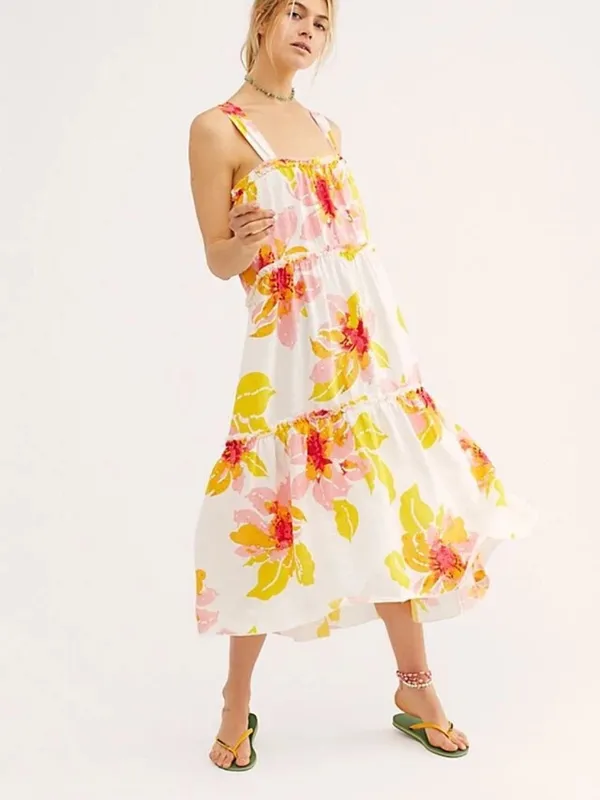 Free People size small floral tropical White Tiered Sundress Pink Yellow Print - Image 2