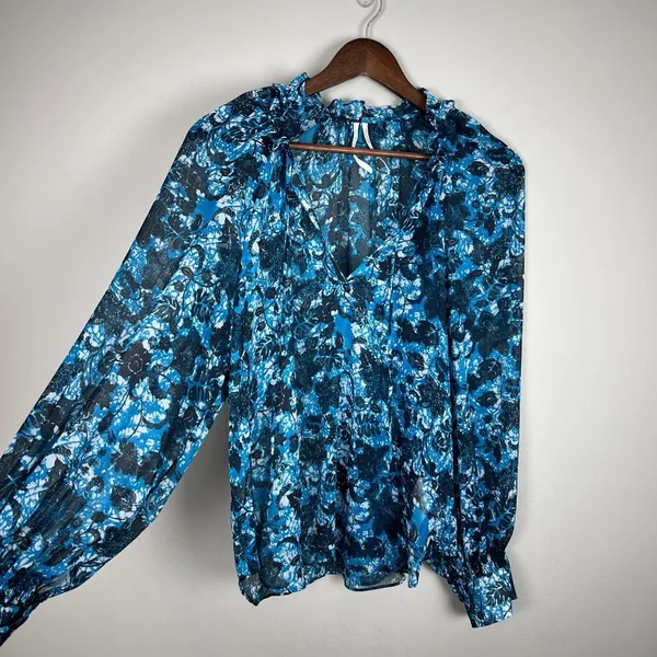 By Anthropologie Blouse Top Womens Large Blue Sheer Floral Boho Long Sleeve‎ Tie - Image 7
