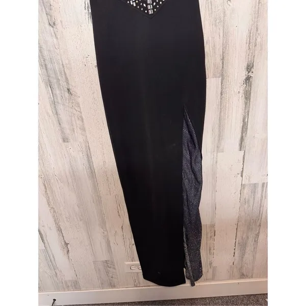 Black Rhinestone Mesh Evening Gown – Slit Maxi Dress, Size M - Image 5