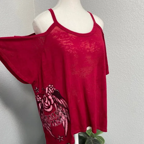 Harley Davidson Cold Shoulder Cutout Top Allover Burnout Flowy High Low Hem Y2k - Image 2
