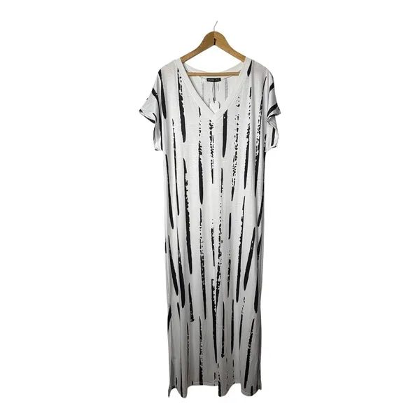 Noracora Abstract Stripe Maxi Dress Medium V-Neck Side Slit Black White‎ NWT - Image 5