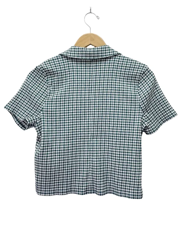 Madewell Mineral Blue Gingham Cropped Button Front Top Medium Stretch Plaid Y2K - Image 3
