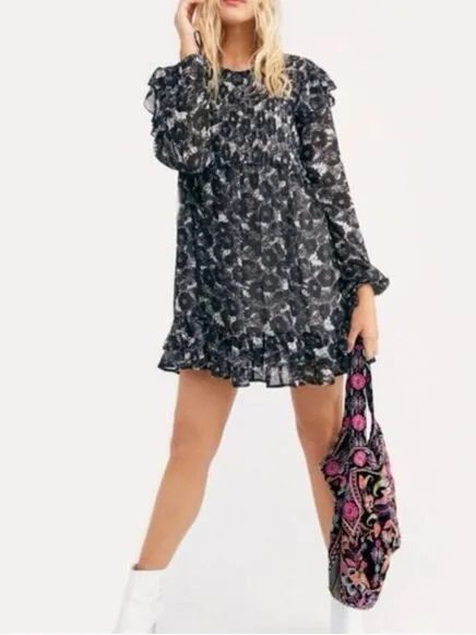 NWT Free People Black and White sheer babydoll long sleeve Floral DRESS - Image 5