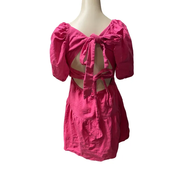 Hello Molly Womens Size 6 Pink Square Neck Puff Short Sleeve Tiered Mini Dress - Image 3