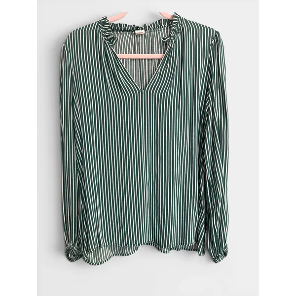 GAP Womens Green White Vertical Striped Ruffle Neck Long‎ Sleeve Blouse Size L - Image 3