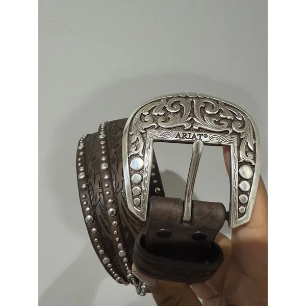 ARIAT WOMEN'S TOOLED & STUDDED LEATHER BELT Brown - Image 2