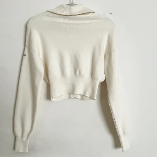 Alo Yoga Scholar Knit Cropped Full Zip Jacket Ivory XS - Image 6