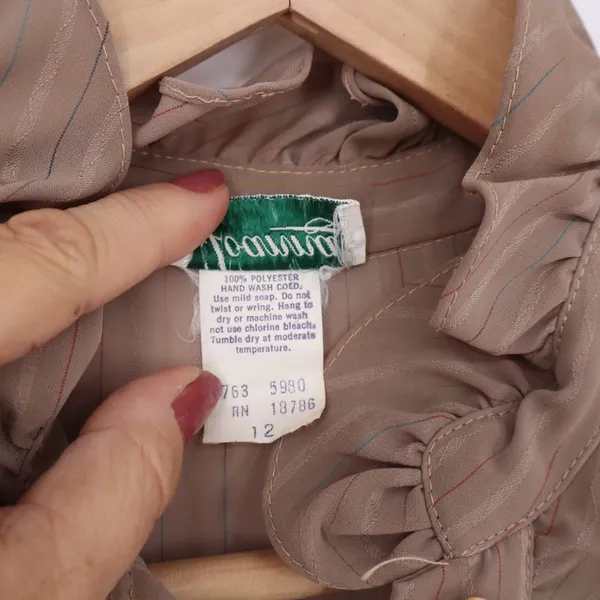 Joanna Blouse Womens 12 Vintage Ruffle Front Pinstripe Tan Button-Down Excellent - Image 4