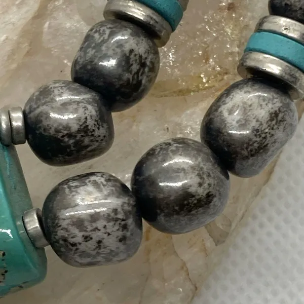 Vintage Japan Silver Tone & Teal 2 Strand Beaded 30'' Necklace Unique‎ 1960s - Image 6